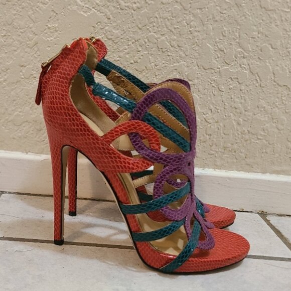 NEW NWT! BRIAN ATWOOD TIRA MARDI GRAS SNAKESKIN STILETTO SANDAL SPIKE HEELS 5.5B - Picture 2 of 8